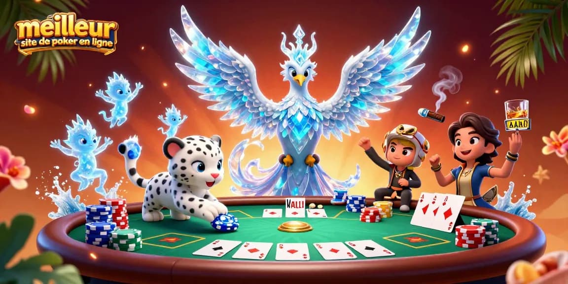 Découvrez les jeux sur le meilleur site de poker en ligne, avec des personnages colorés autour d'une table de poker.