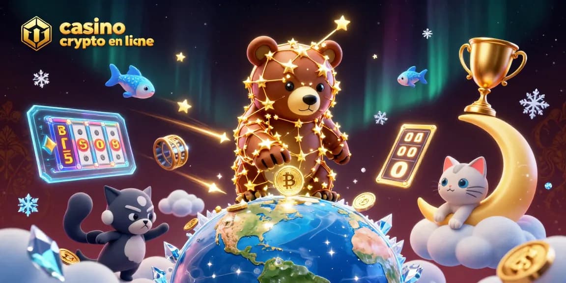 Explorez un casino crypto en ligne avec un ourson constellation et des pièces brillantes.