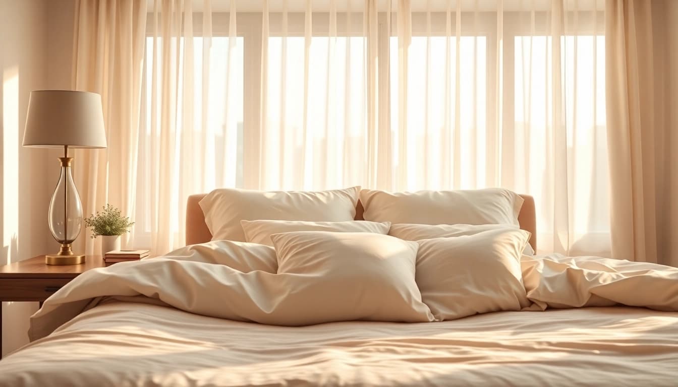 Cozy foster bed with elegant linens and serene lighting inviting relaxation.
