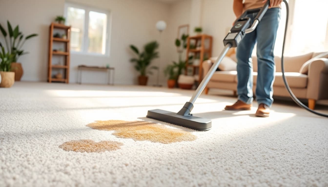 Pet odor carpet cleaning technician revitalizing a carpet, showcasing equipment and vibrant home setting.