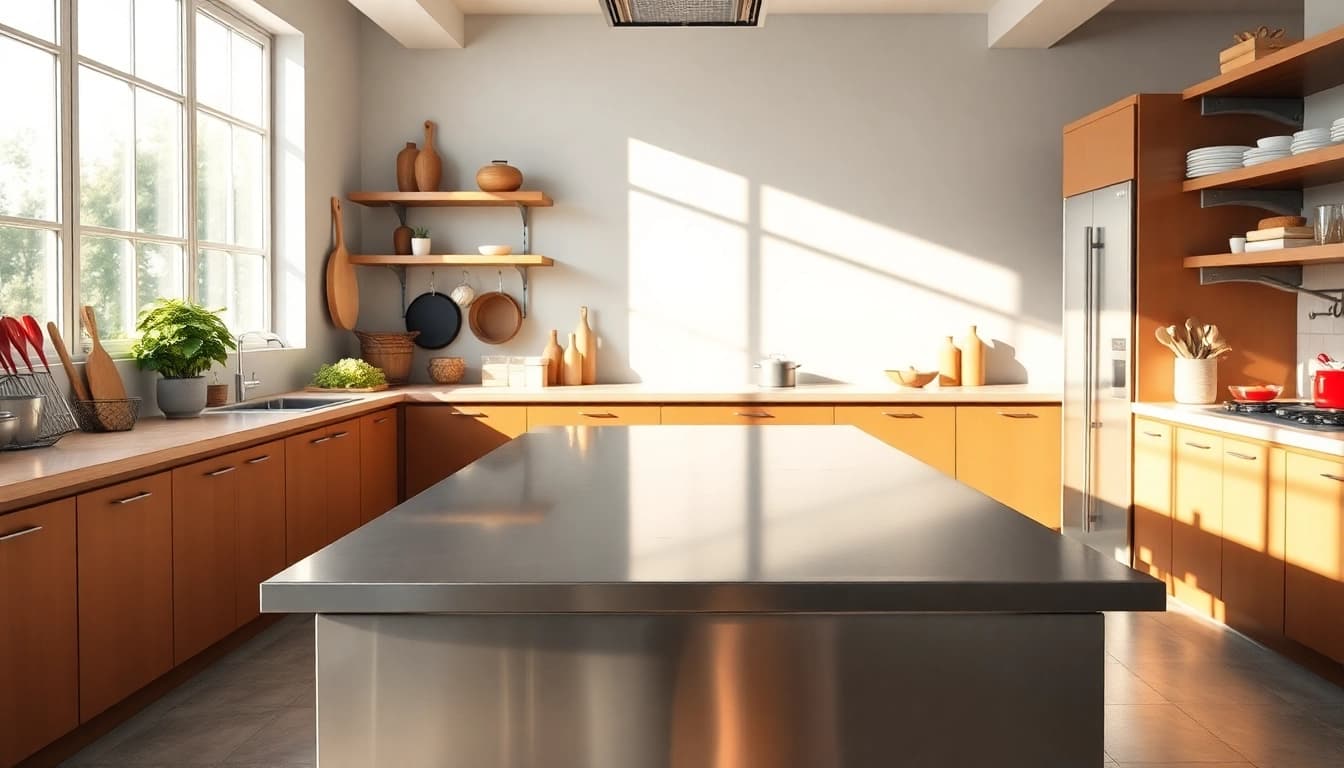 Enhance your kitchen with a stylish steel table for kitchen featuring a polished surface and functional design.