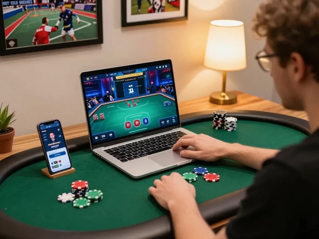 CàkhịaTV player immersed in strategic gameplay with colorful poker chips and smartphone