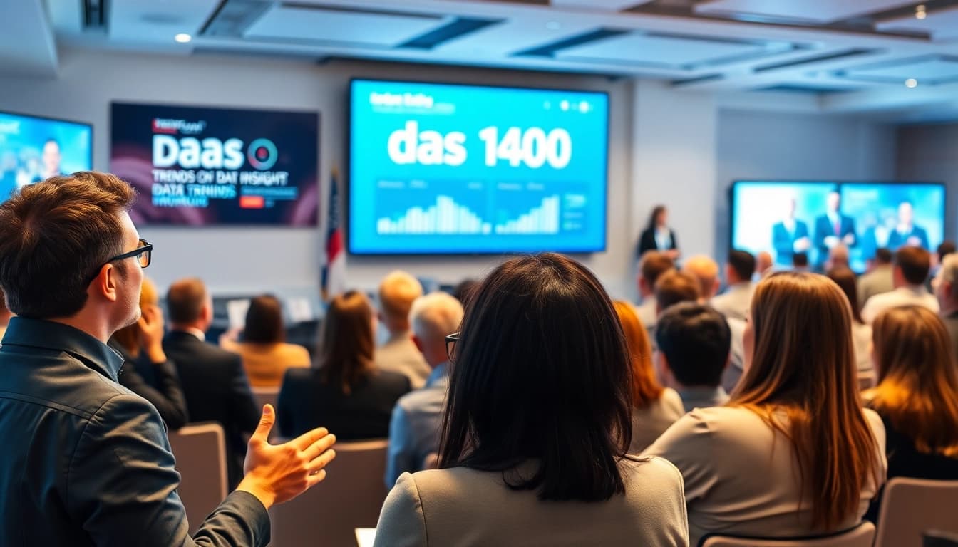 Engaged professionals discussing das 140 at a vibrant technology conference.
