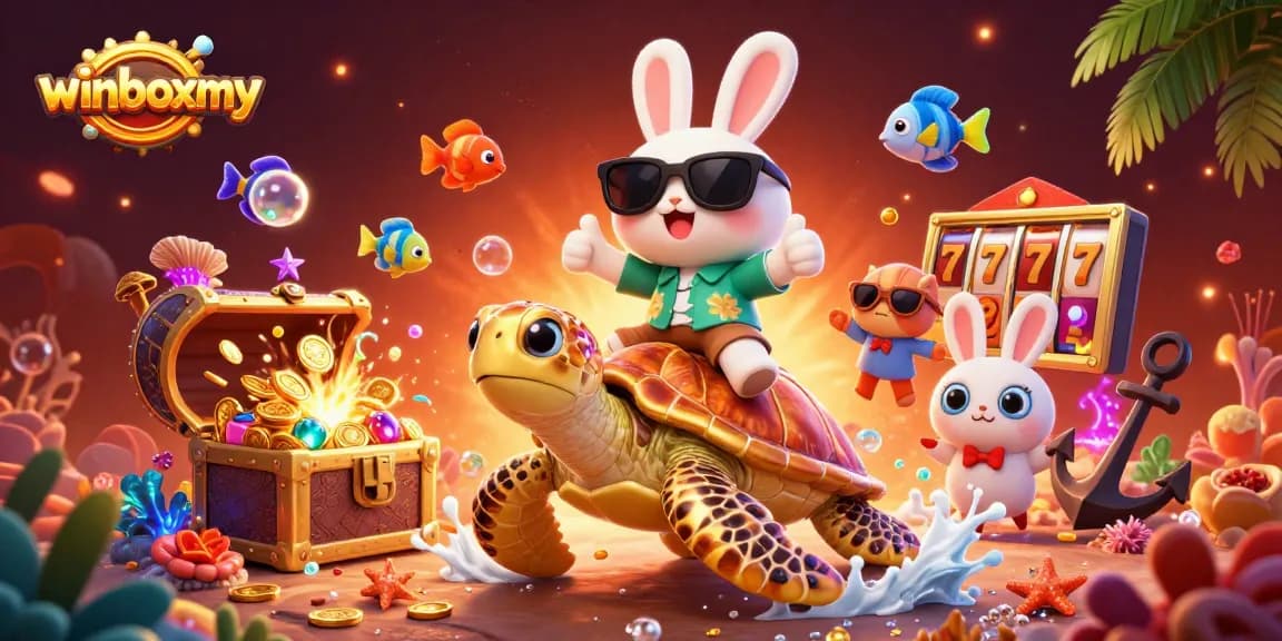 Experience thrilling wins with winboxmy as a lucky rabbit enjoys slot excitement atop a golden turtle.