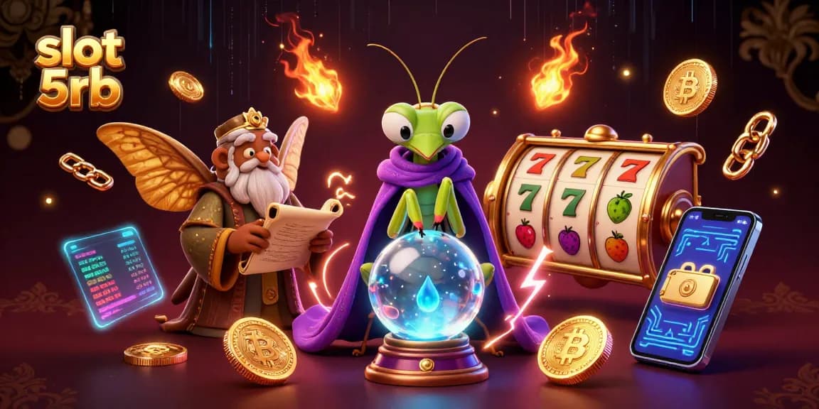 Spin and win on slot 5rb with vibrant visuals and mystical fortune tellers in this 3D casino illustration.