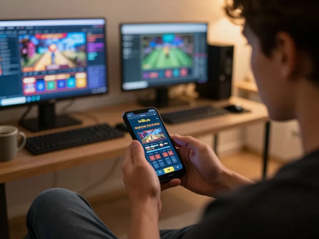 Engaged player using tr88.com mobile app for live casino gaming in a cozy home setup.