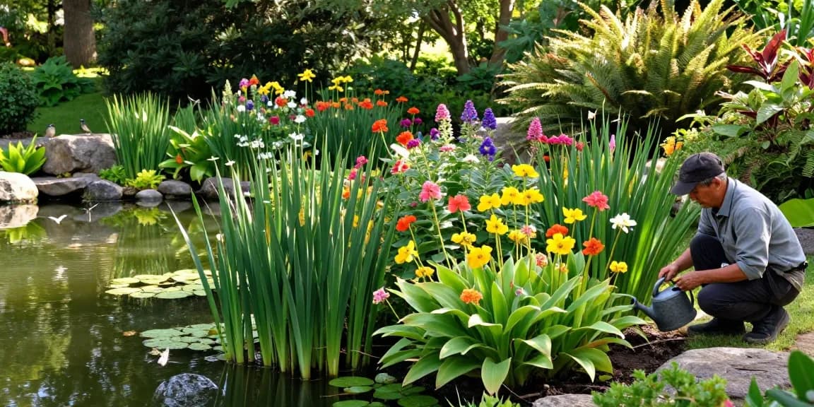 Buy Marginal Pond Plants while enjoying a serene garden scene with vibrant blooms and a gardener nurturing the pond.