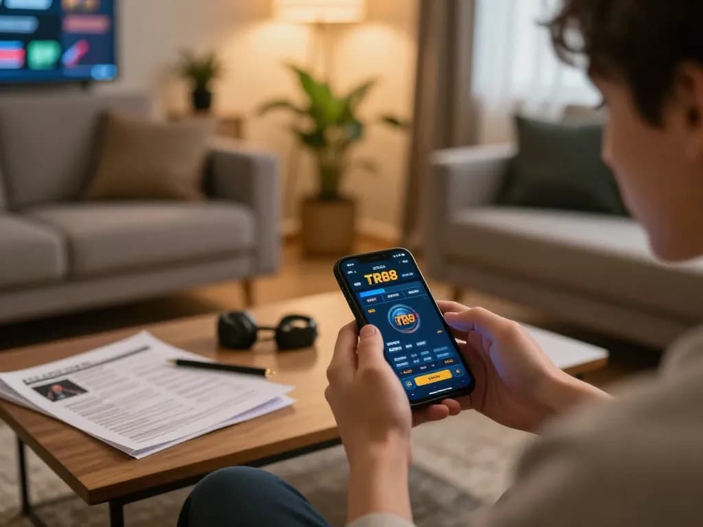 Engage in strategic gameplay with TR88's online betting interface displayed on a smartphone in a cozy setting.