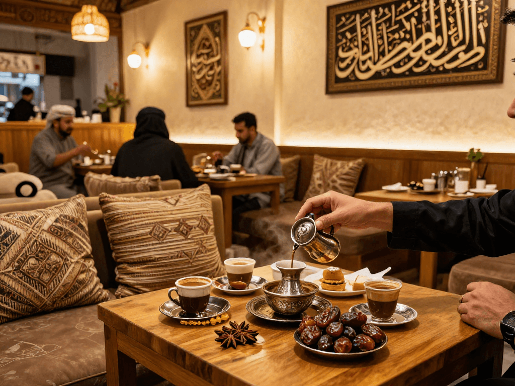 قهوجي الرياض يعد القهوة العربية مع التوابل في مقهى تقليدي.
