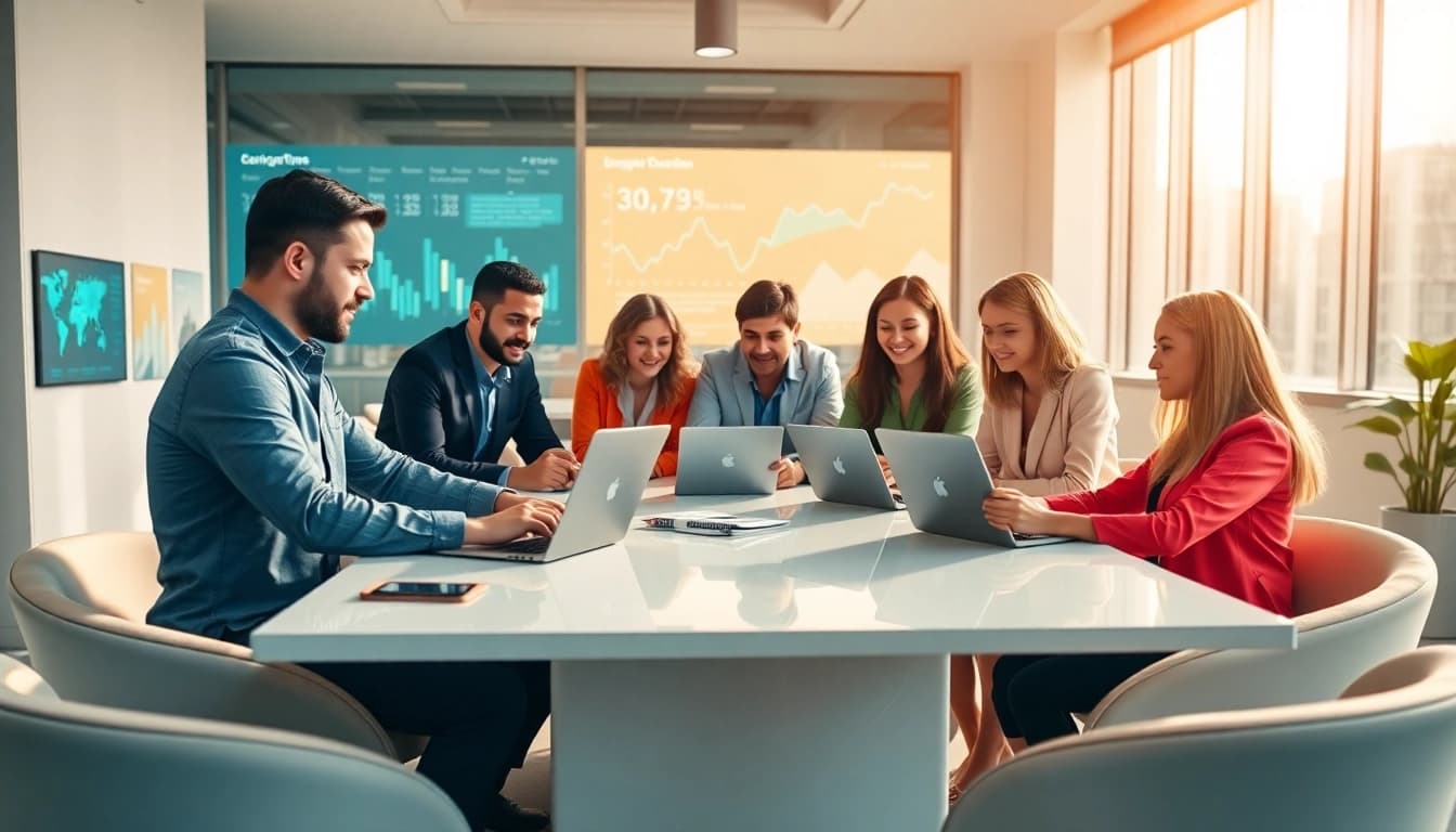 Team brainstorming with enterprise search tools, enhancing collaboration and productivity in a bright office.