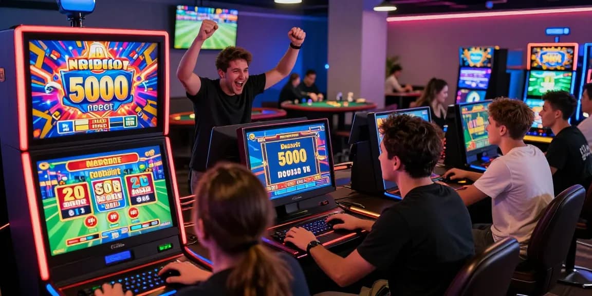 Engaged players celebrating a slot deposit 5000 win in a vibrant online gaming lounge atmosphere.