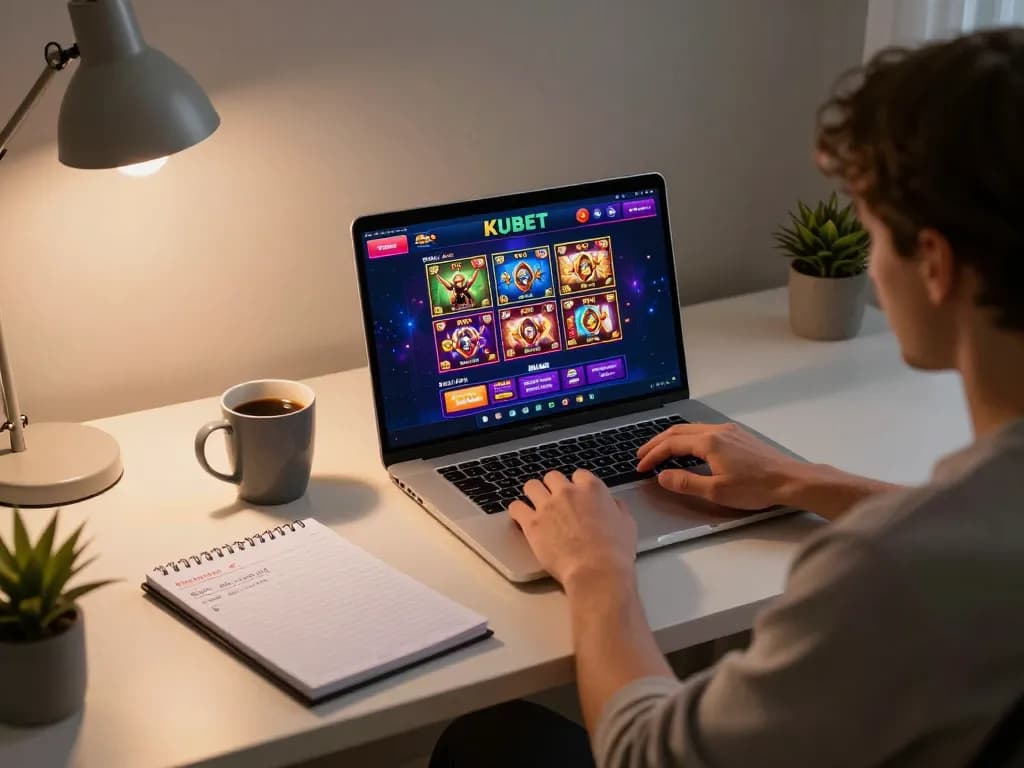 Kubet player engaging in online casino gameplay in a cozy home office.