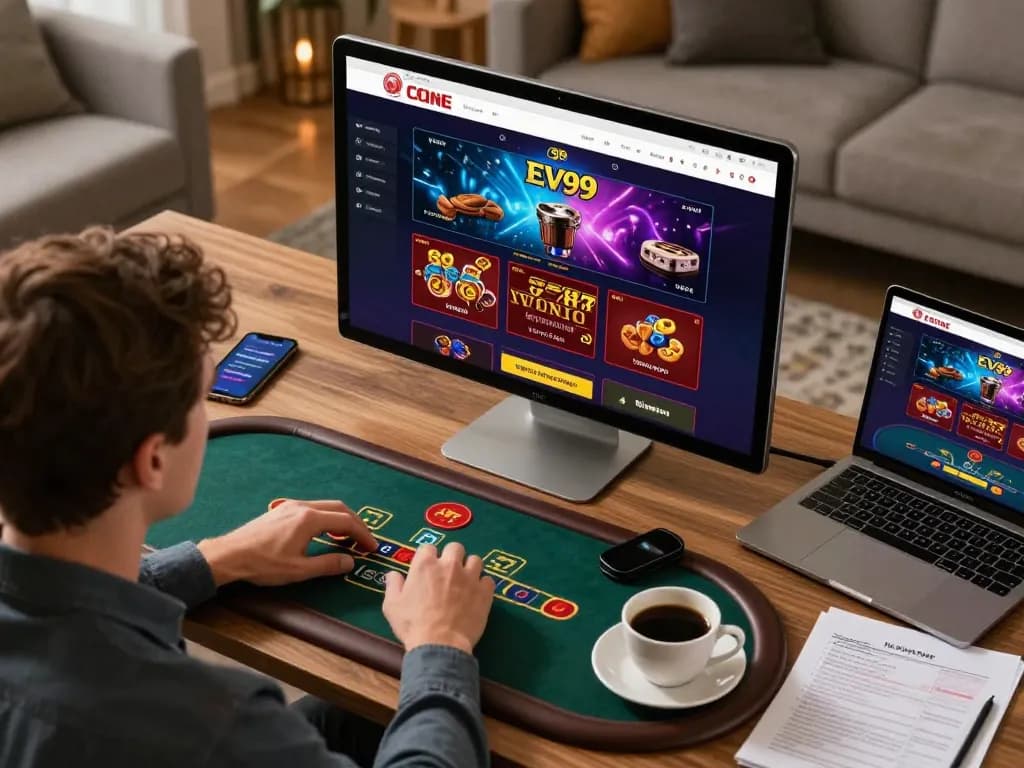 Engaged player considering a strategy on the EV99 online casino platform during an exciting blackjack game.