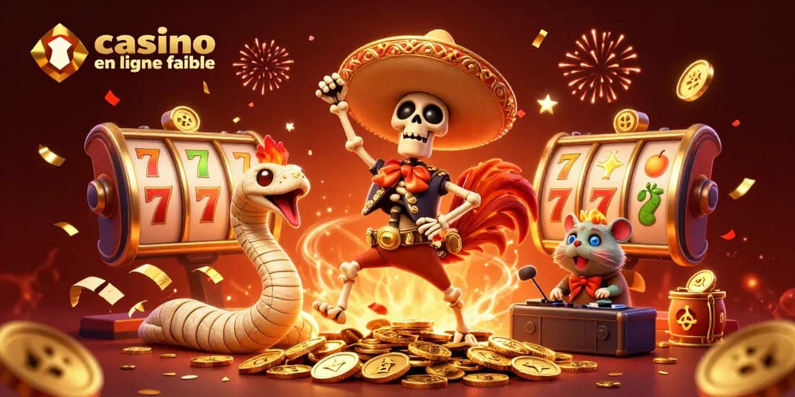 Illustration dynamique sur le thème du casino en ligne fiable avec un rooster mariachi, un serpent momie et un hamster DJ célébrant ensemble.
