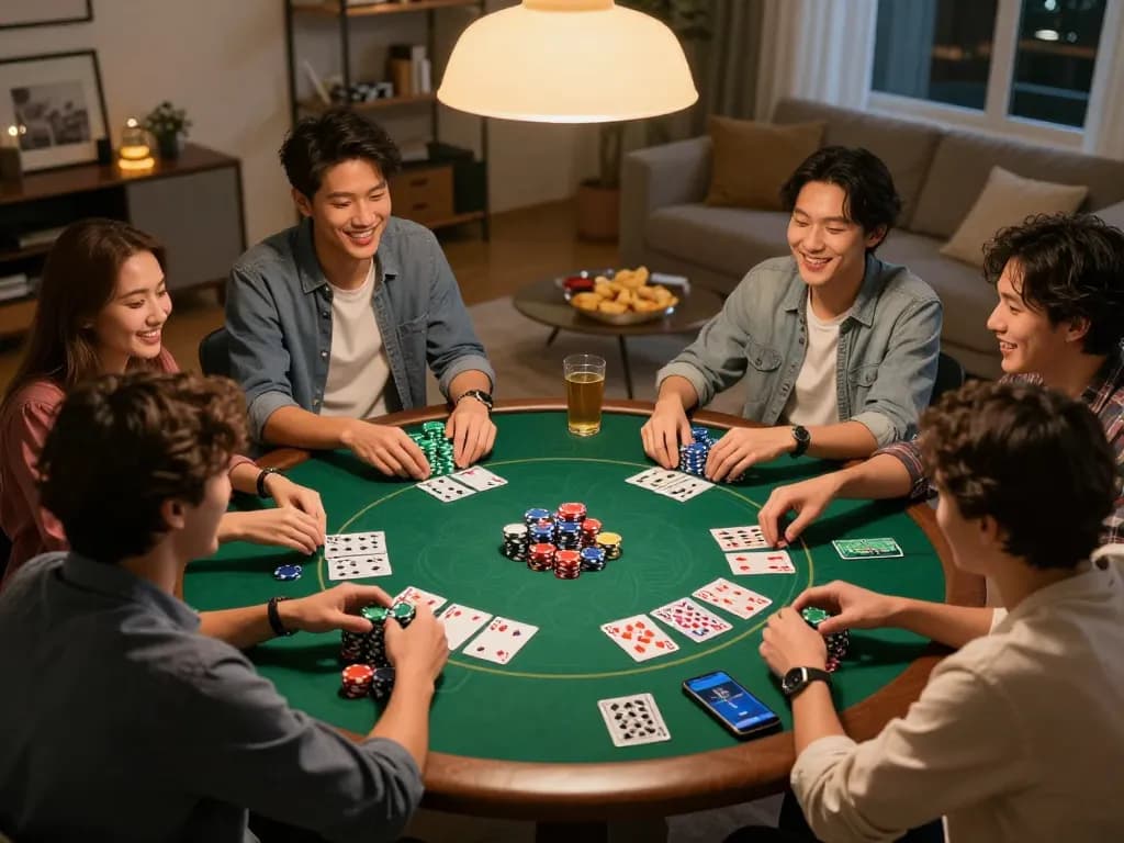 Friends playing poker and discussing strategies while tracking their slot777 bets on a smartphone.