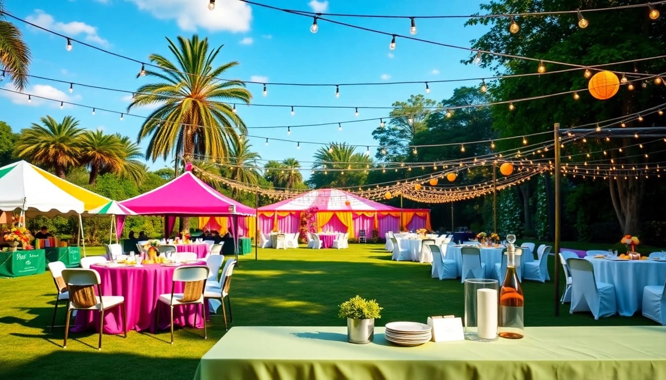 Explore Party Rentals Near Me with a vibrant outdoor event setup showcasing colorful tents and elegant decor.