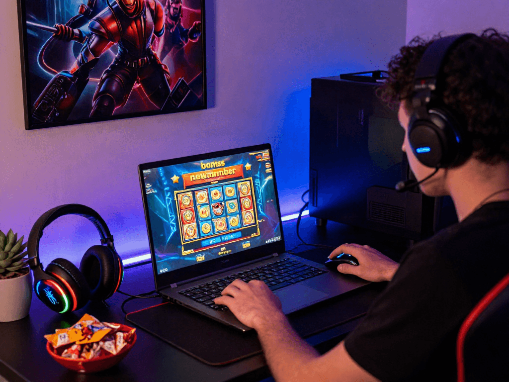 Player enjoying a bonus new member slot game on laptop with snacks and gaming gear.