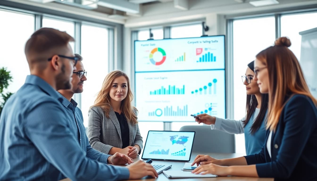 Analyze competitive intelligence for sales with a focused business team in a modern office.