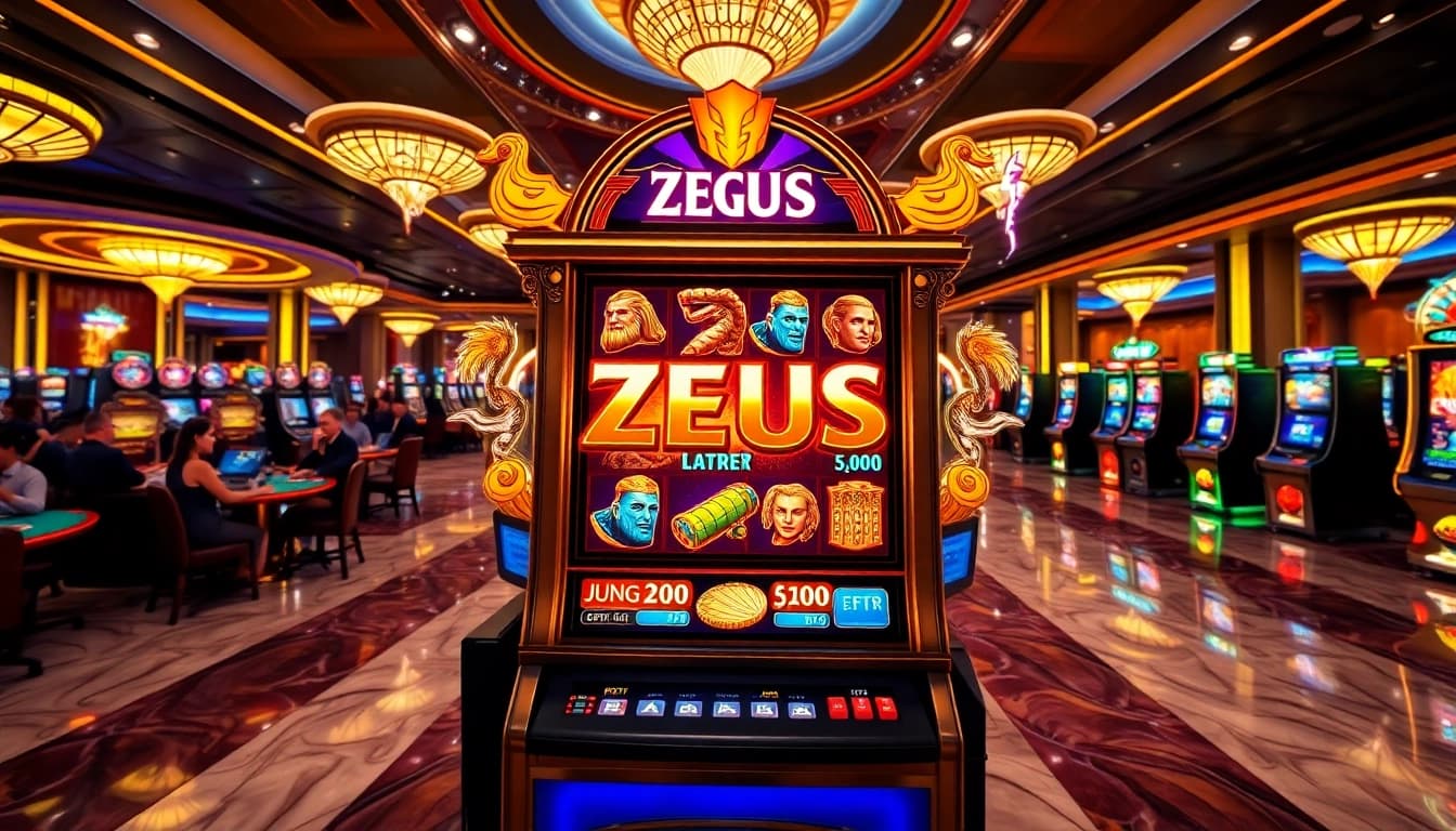 Playing the Zeus slot machine in a vibrant casino, featuring thrilling Greek mythology graphics.