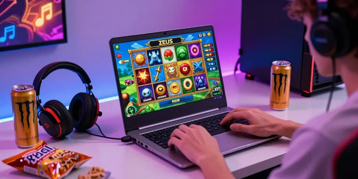 Enjoying the slot zeus game on a laptop in a vibrant gaming environment, surrounded by gaming accessories and colorful visuals.