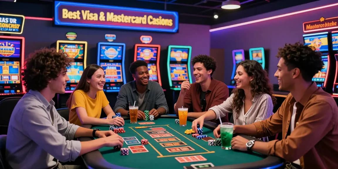 Diverse friends enjoying their time at credit card casinos with vibrant slot machines and lively ambiance.