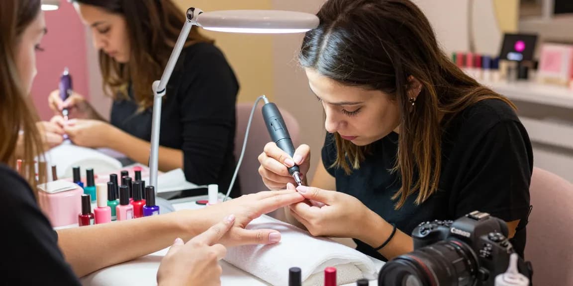 Freza electrică pentru unghii în utilizare, prezentând o experiență profesională de manichiură într-un studio de frumusețe.
