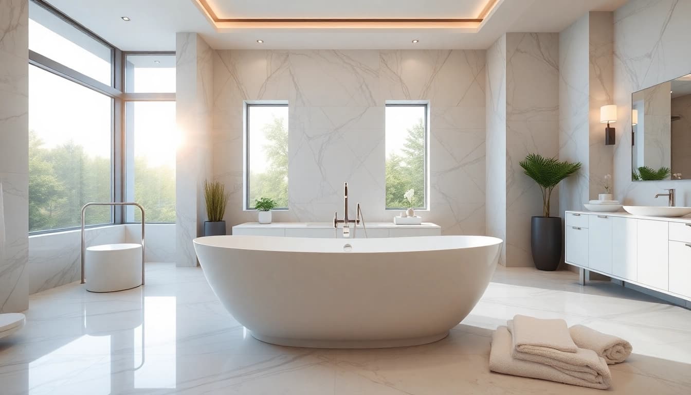 Transform your space with elegant bathrooms featuring a luxurious freestanding tub and marble finishes.