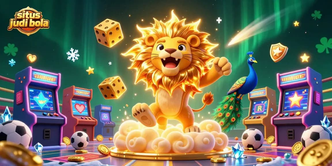 Engage with situs judi bola in a vibrant scene featuring a roaring sun lion, golden dice, and dynamic sports elements.
