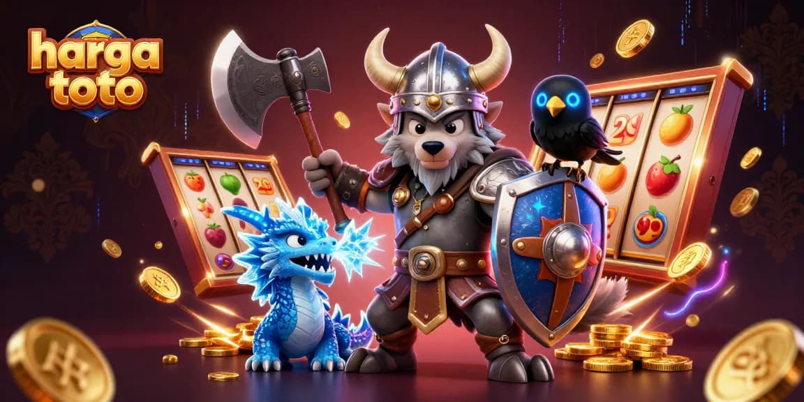 Experience the excitement of harga toto as Viking wolf warrior, dragon, and raven celebrate winning with vibrant slot reels and gold coins.