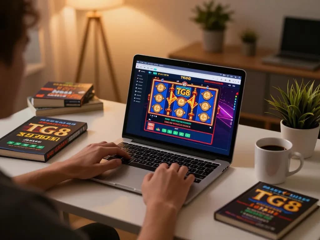 Engage in stylish online gaming with TG8's vibrant casino interface in a cozy home setup
