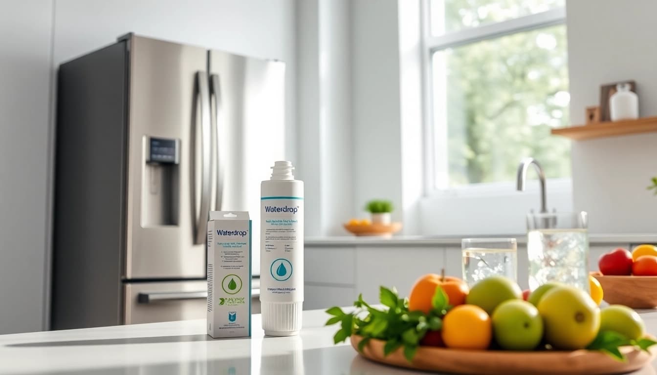 Waterdrop WD-F08 Replacement for 4396841 water filter showcased in a modern kitchen setting, emphasizing its eco-friendly benefits.