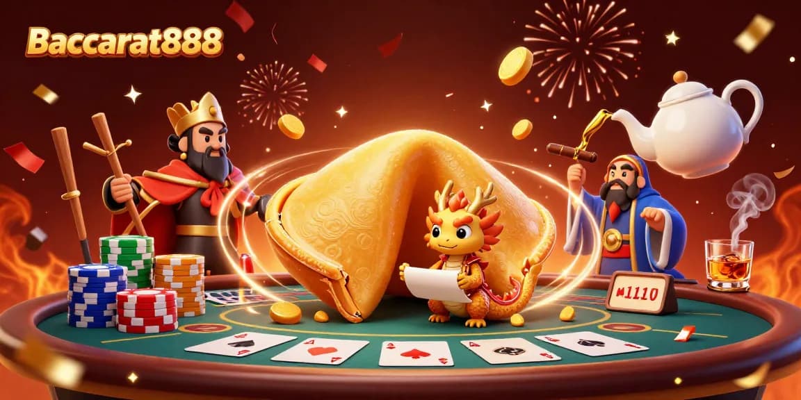 Experience Baccarat888 with a vibrant 3D casino scene featuring a golden fortune cookie and dynamic game elements.