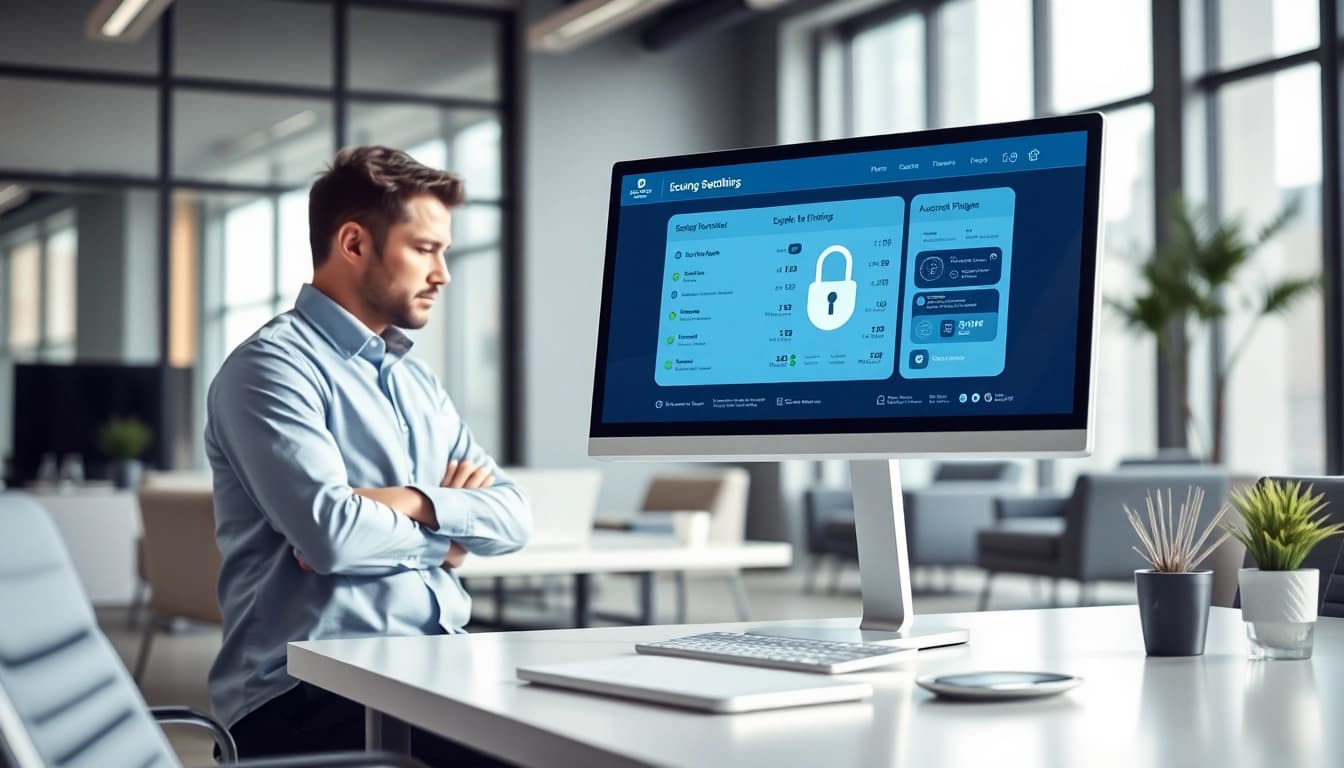 Showcase a secure link sharing platform in a modern office setting with a professional analyzing data.