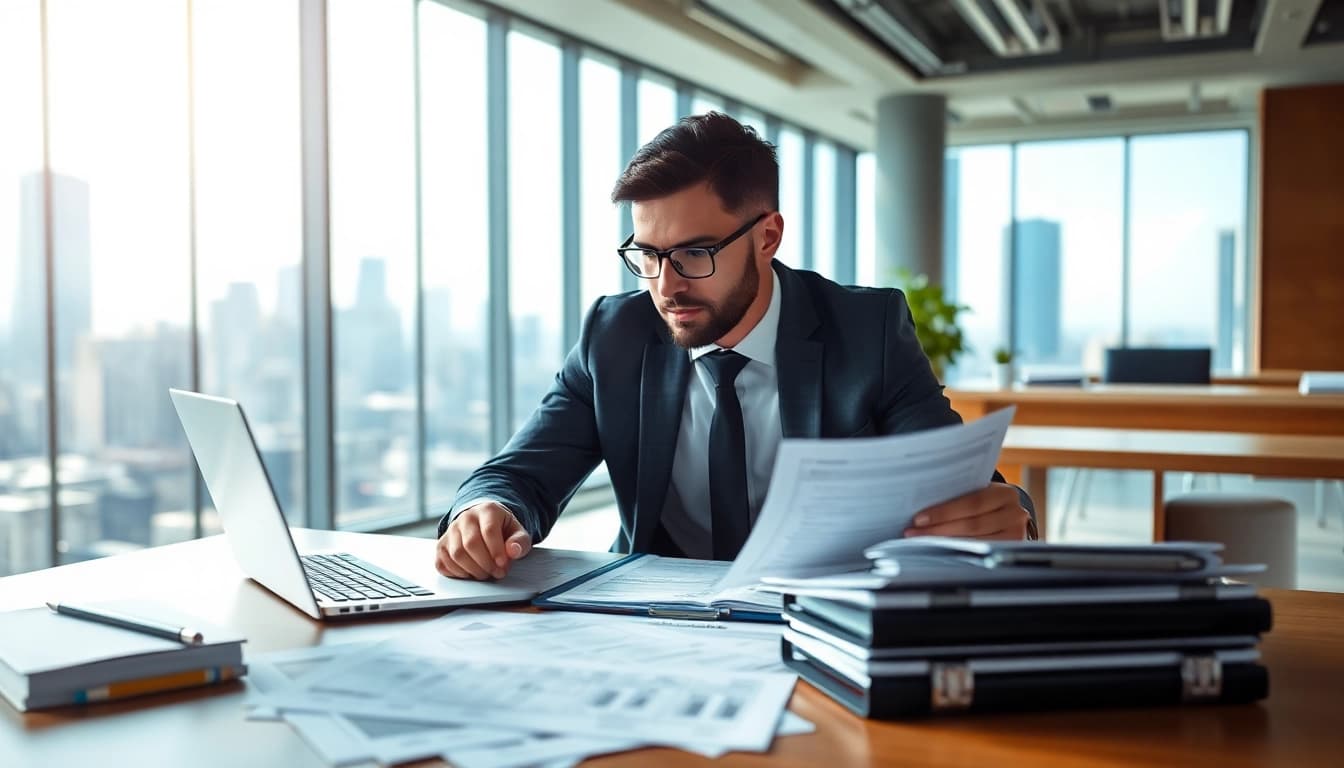 Analyzing documents for registration and certification in Federal databases for federal contracts in a modern office.