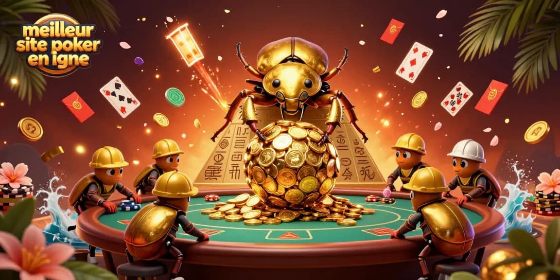 Explorez la table de poker du meilleur site de poker en ligne avec des pièces et des cartes en or.