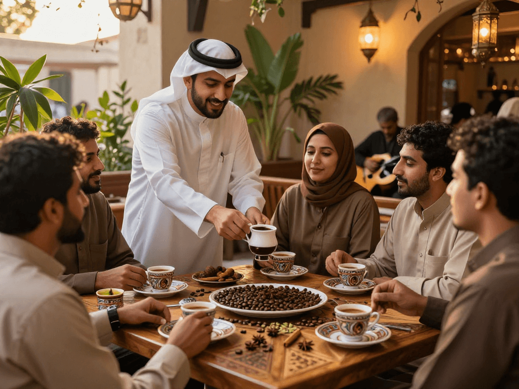 قهوجي الرياض يقدم القهوة العربية في جو دافئ ومريح.