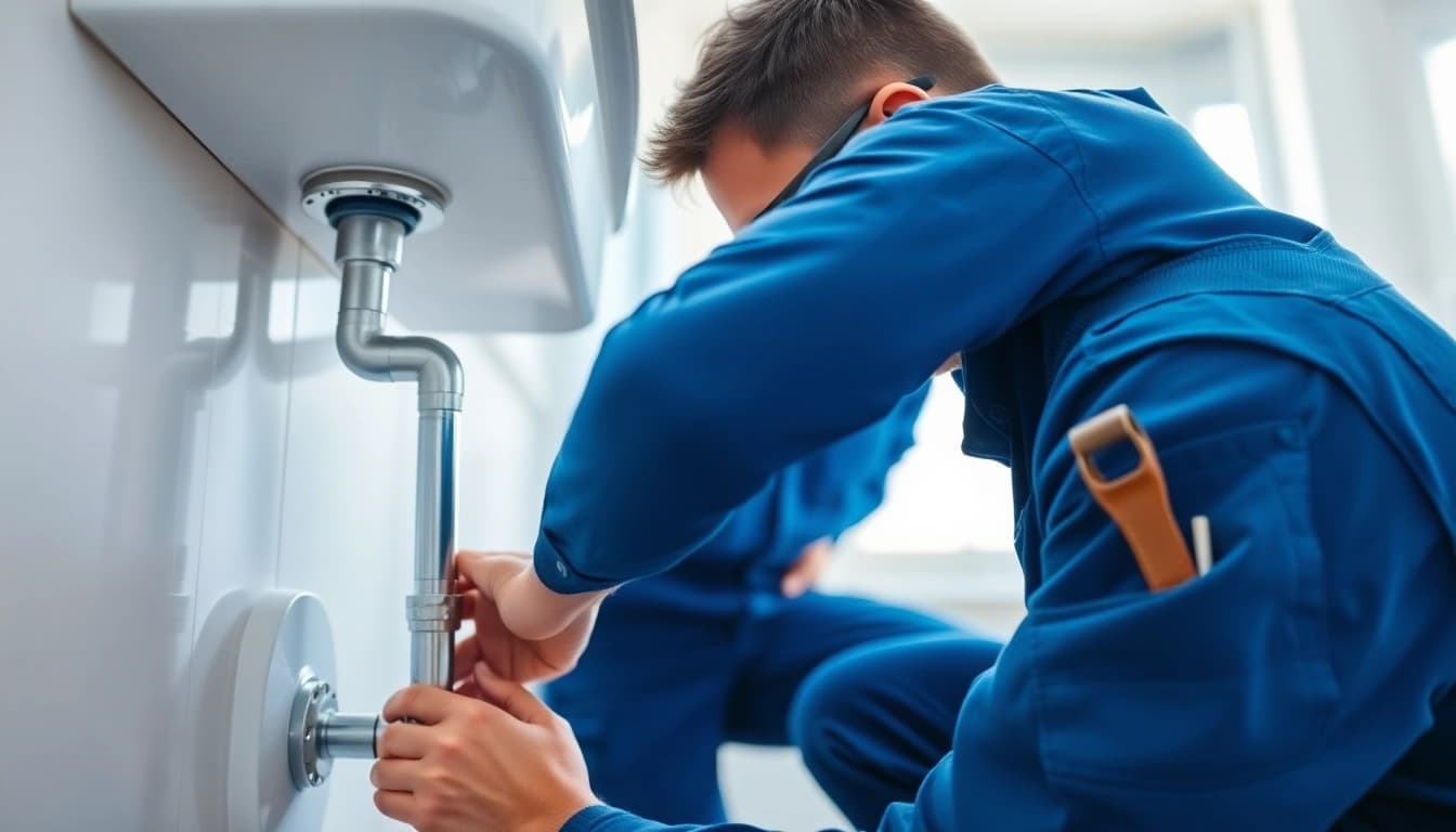 Mastering plumbing apprenticeship with skilled plumber fixing pipes in a modern bathroom.