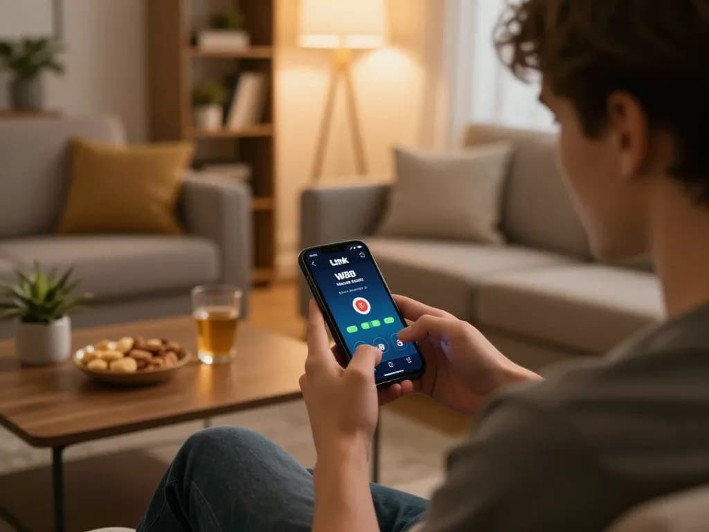 Engaging with Link W88 app for poker gameplay in a cozy home setting, highlighting mobile gambling.