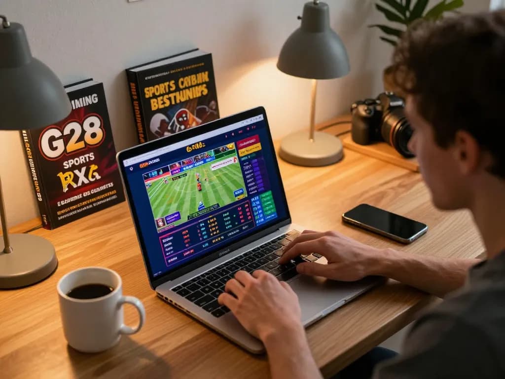 Player engaging with G28 sports betting interface on laptop in a cozy home office setup.