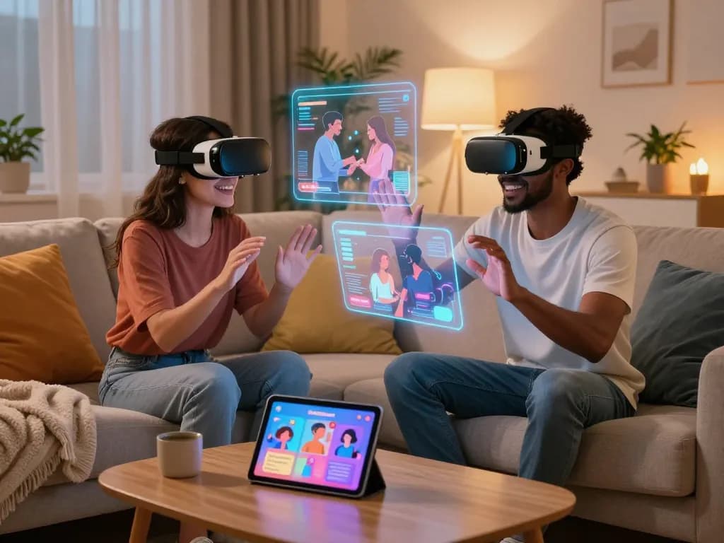 In a cozy VR setup, couple exploring ai sex interactions in a digital space.