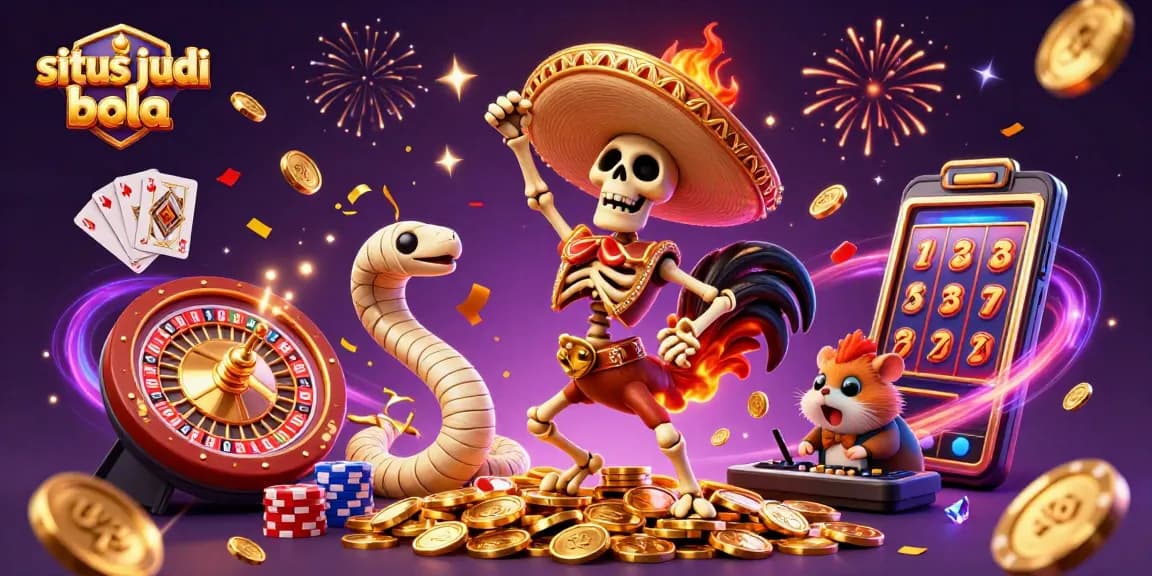 Situs judi bola brings excitement with a dynamic 3D illustration of a mariachi rooster, a mummy snake, and a DJ hamster.