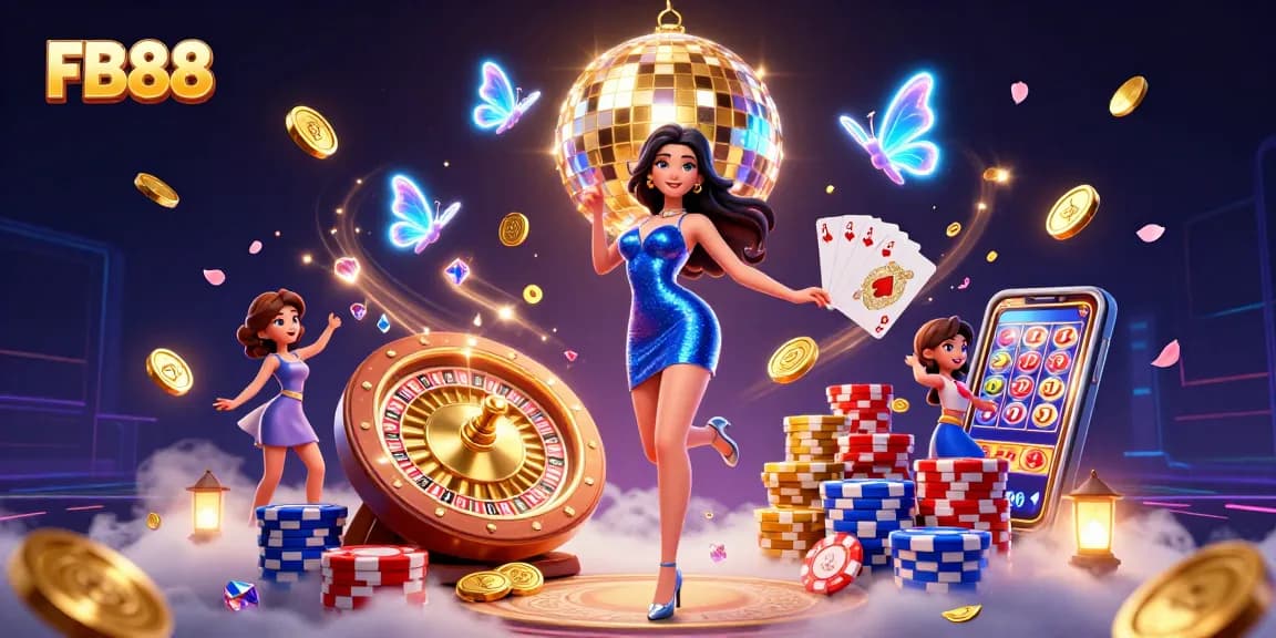 Experience excitement at FB88 with a glamorous casino scene featuring dynamic dance and vibrant gameplay.