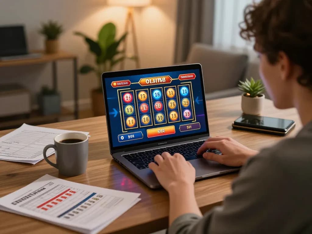 Engaging in situs slot games at home, showcasing strategic online gambling setup with cozy atmosphere.
