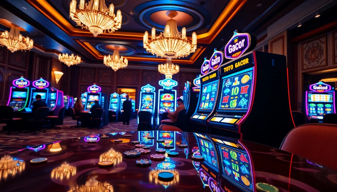 Menangkan permainan toto slot gacor di mesin slot berwarna-warni dalam suasana kasino yang meriah.