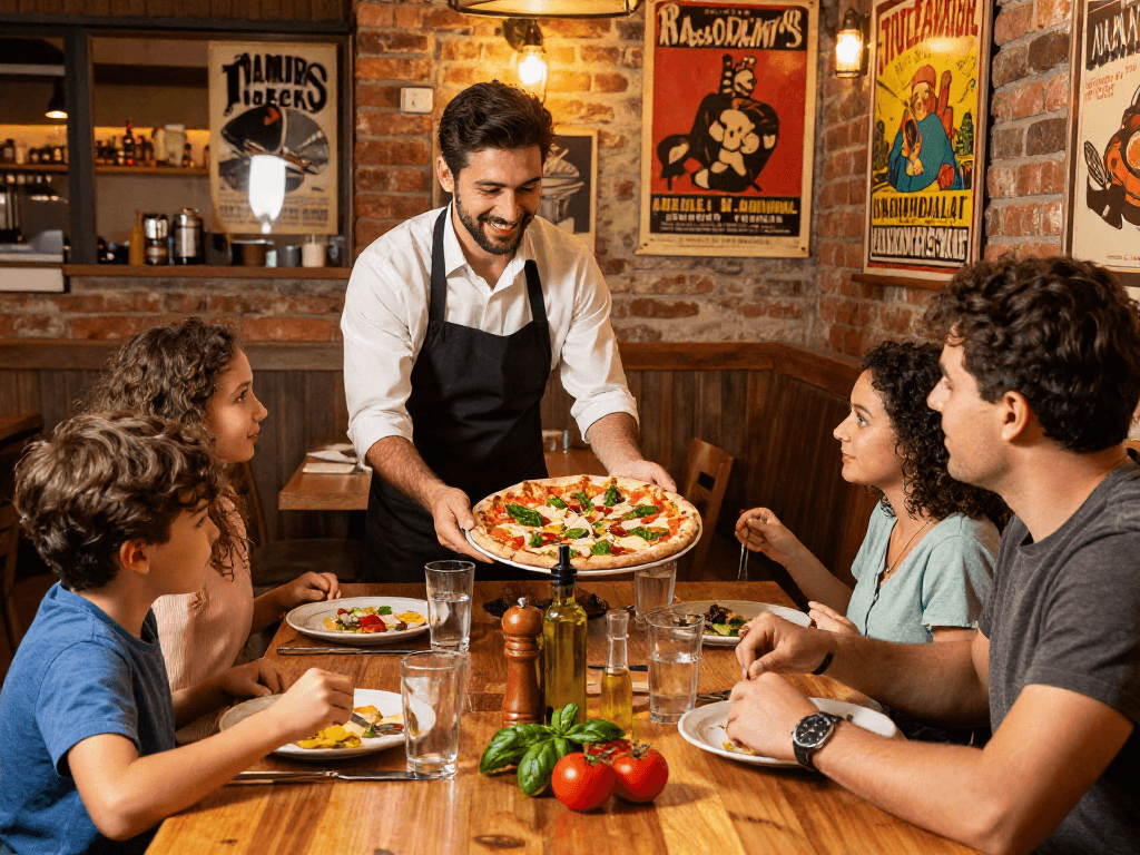 Delicious pizza served to family at pizzeria, highlighting bonus new member promotions in a cozy atmosphere