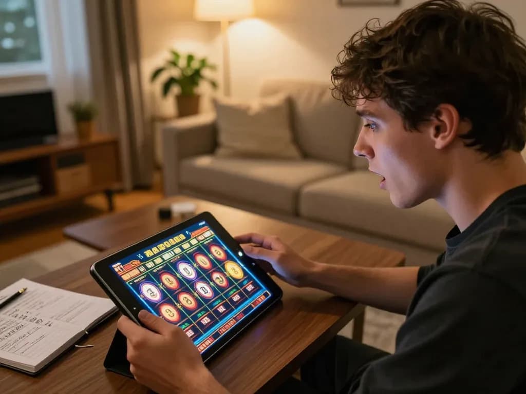Player celebrating a win in online gambling with slot-gacor2026 interface visible on tablet screen