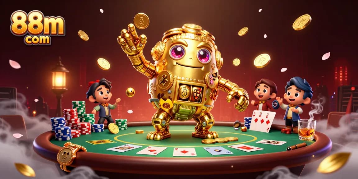 A captivating scene showcasing exciting gameplay at 88m com with a golden golem, poker elements, and vibrant casino atmosphere.