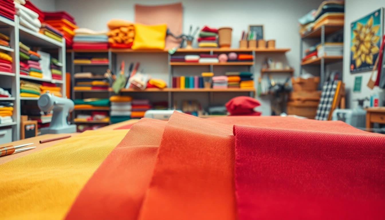 Canvas stoffen in een creatieve werkplaats met kleurrijke samples en hulpmiddelen.