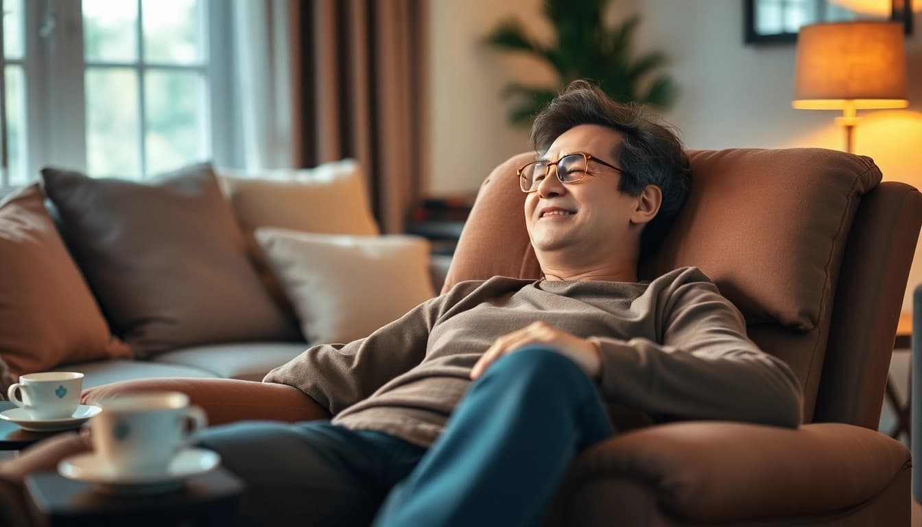 Relaxing in a reclining lift chair with heat and massage, enjoying comfort in a cozy setting.