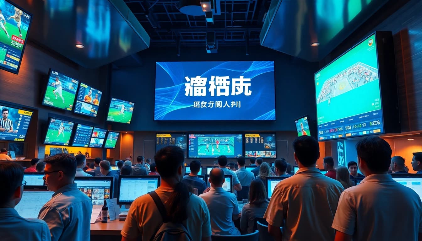 Exciting sports betting scene featuring '토토스토리' screens and diverse fans engaging.